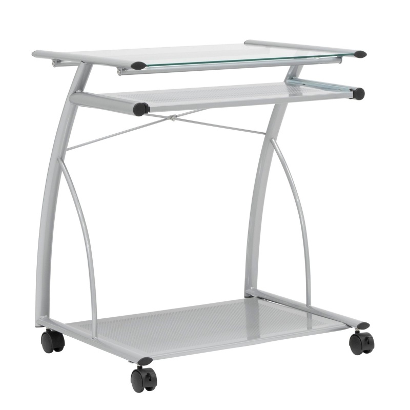 L Cart Compact Computer Cart With Storage And Keyboard Shelf In Silver/Clear Glass