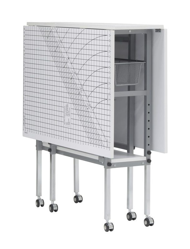 Mobile, Folding, Height Adjustable, Quilting, Fabric Cutting Table With Grid Top And Storage In Silver/White