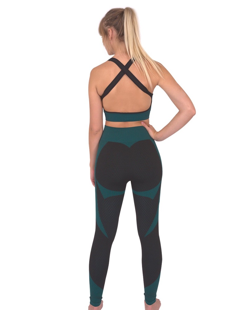 Trois Seamless Leggings & Sports Top 2 Set - Black With Teal Blue