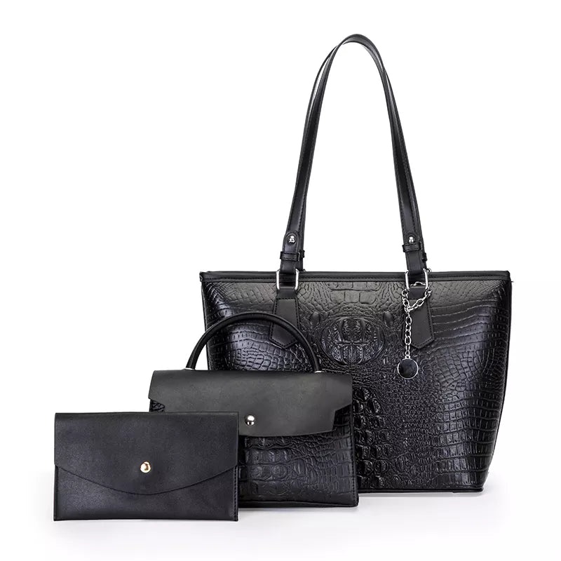 Emerson Faux Crocodile Handbag Set ( 3-Pack) - Black