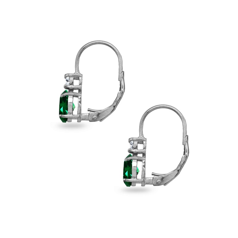 Sterling Silver Simulated Emerald 7X5mm Oval-Cut And 3Mm Round-Cut Cz Dainty Leverback Earrings