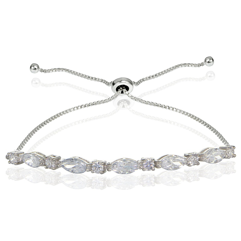 Sterling Silver Cubic Zirconia Marquise And Oval-Cut Adjustable Bracelet