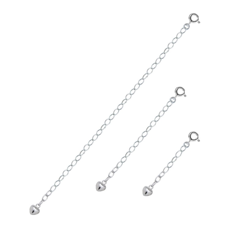 Sterling Silver Oval Link Extender Set For Pendants Necklaces W/ Puffed Heart, 3 Sizes