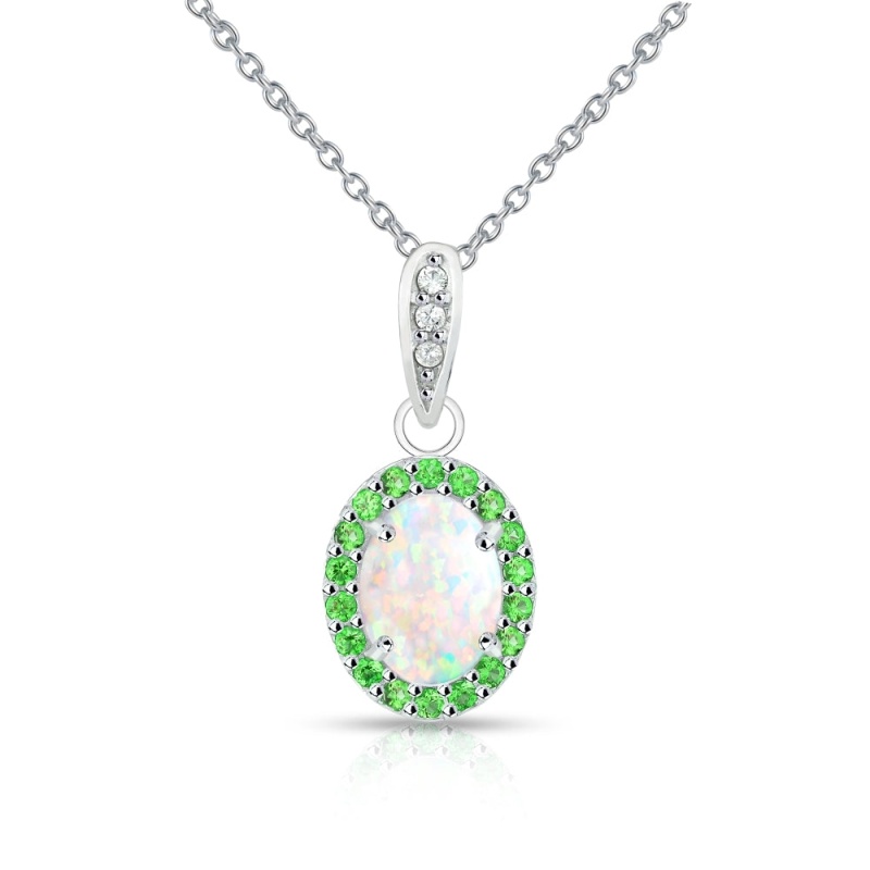 Sterling Silver Created White Opal And Emerald Oval Halo Necklace