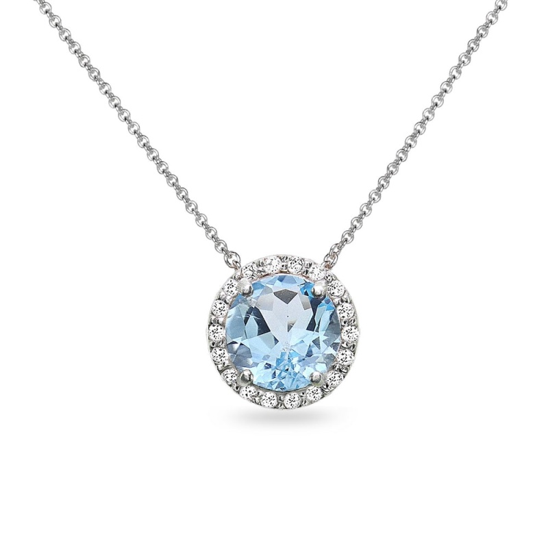 Sterling Silver Blue And White Topaz Halo Slide Pendant Necklace