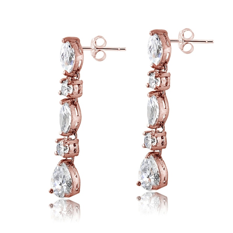Rose Gold Flashed Sterling Silver Cubic Zirconia Marquise Cut Dangling Earrings