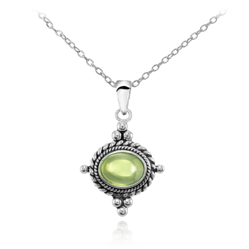 Sterling Silver Cabochon Peridot Bali Bead Oval Oxidized Vintage Necklace