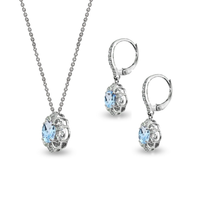 Sterling Silver Blue Topaz 6Mm Round-Cut Flower Dainty Slide Necklace & Leverback Earrings Set