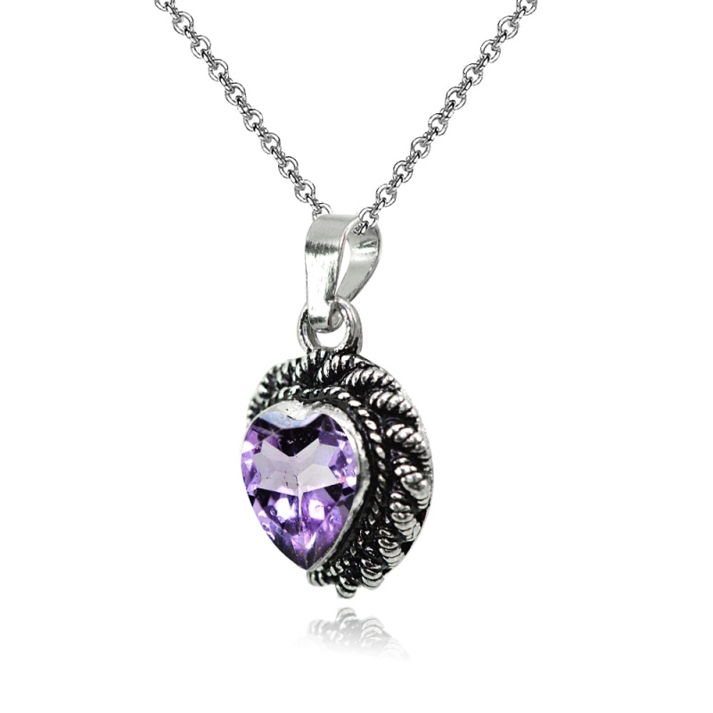 Sterling Silver Created Amethyst Oxidized Bali Twist Rope Heart Pendant Necklace