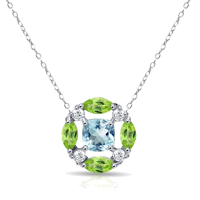 Sterling Silver Blue Topaz And Peridot Necklace With White Topaz Accents