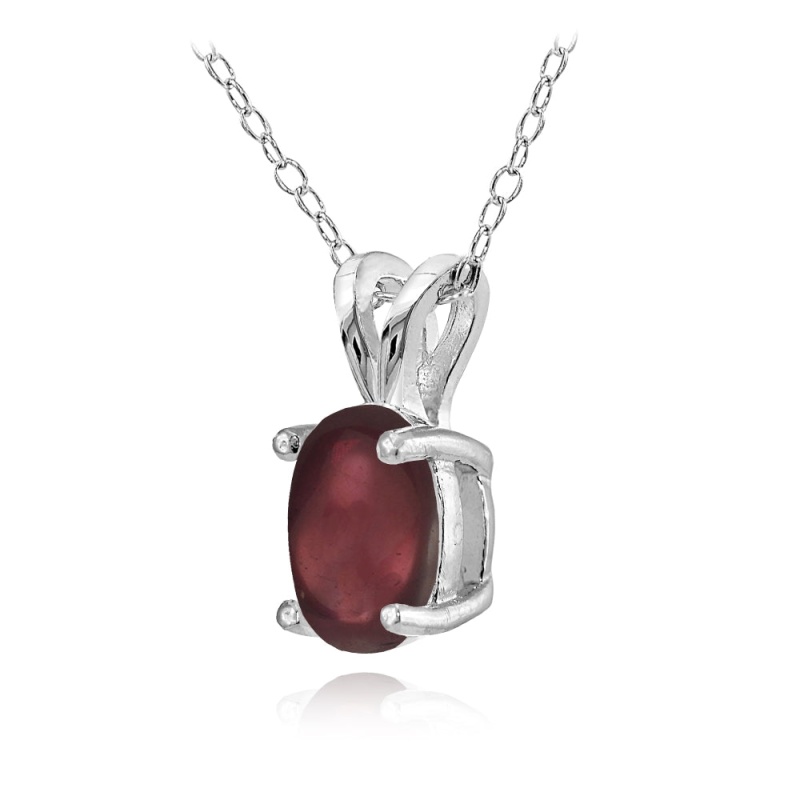 Sterling Silver Created Cabochon Garnet 8X6mm Oval Solitaire Pendant Necklace