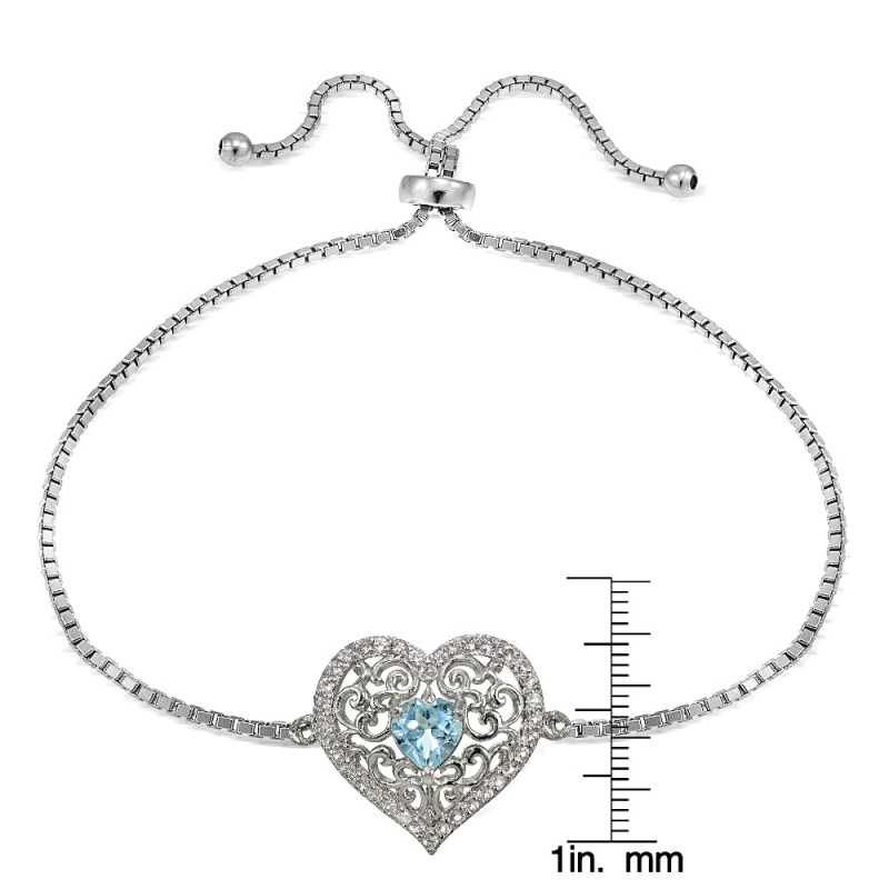 Sterling Silver Blue And White Topaz Filigree Heart Adjustable Bracelet