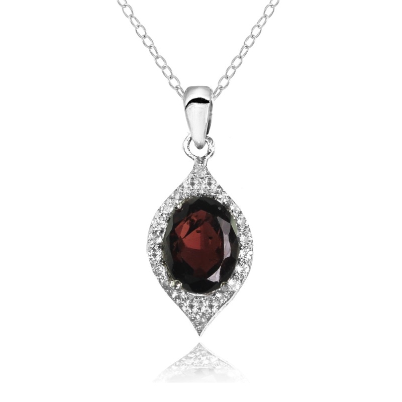 Sterling Silver Garnet And White Topaz Oval Fashion Necklace