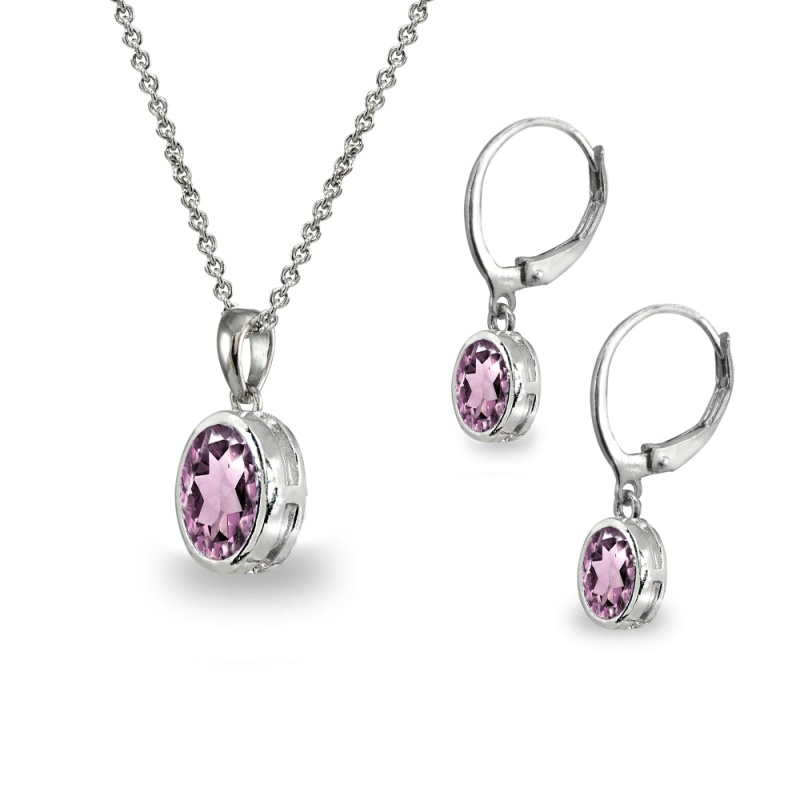 Sterling Silver Created Alexandrite Oval-Cut Bezel-Set Pendant Necklace & Dangle Leverback Earrings Set