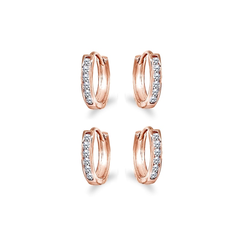 2 Pair Set Rose Gold Flash Sterling Silver Tiny Small 13Mm Channel-Set Cubic Zirconia Round Huggie Hoop Earrings