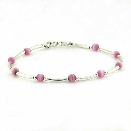 Sterling Silver Pink Cats Eye Bar And Bead Bracelet