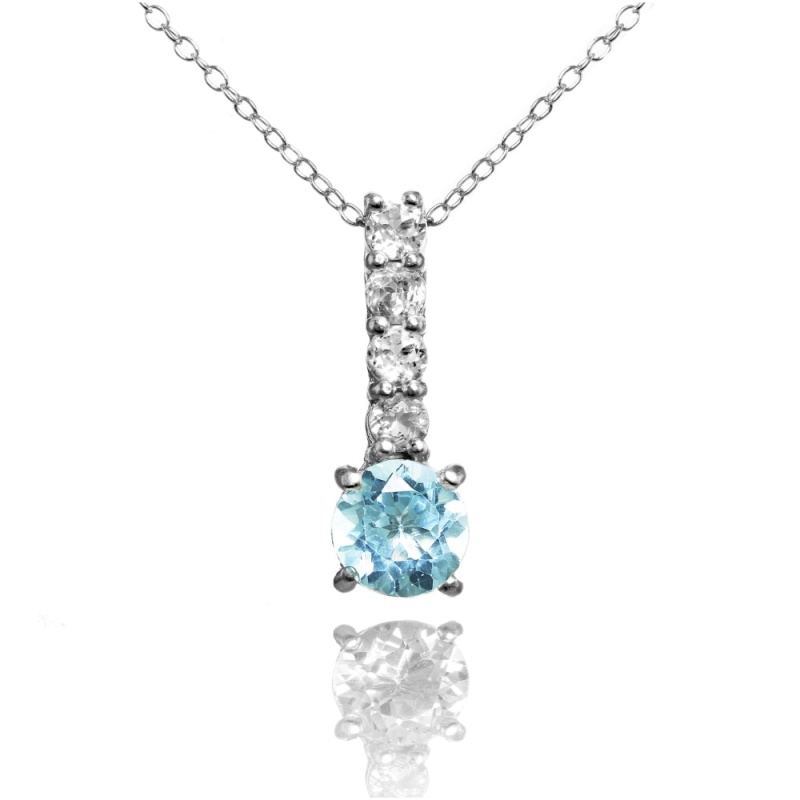 Sterling Silver Blue Topaz And White Topaz 5-Stone Round Drop Necklace