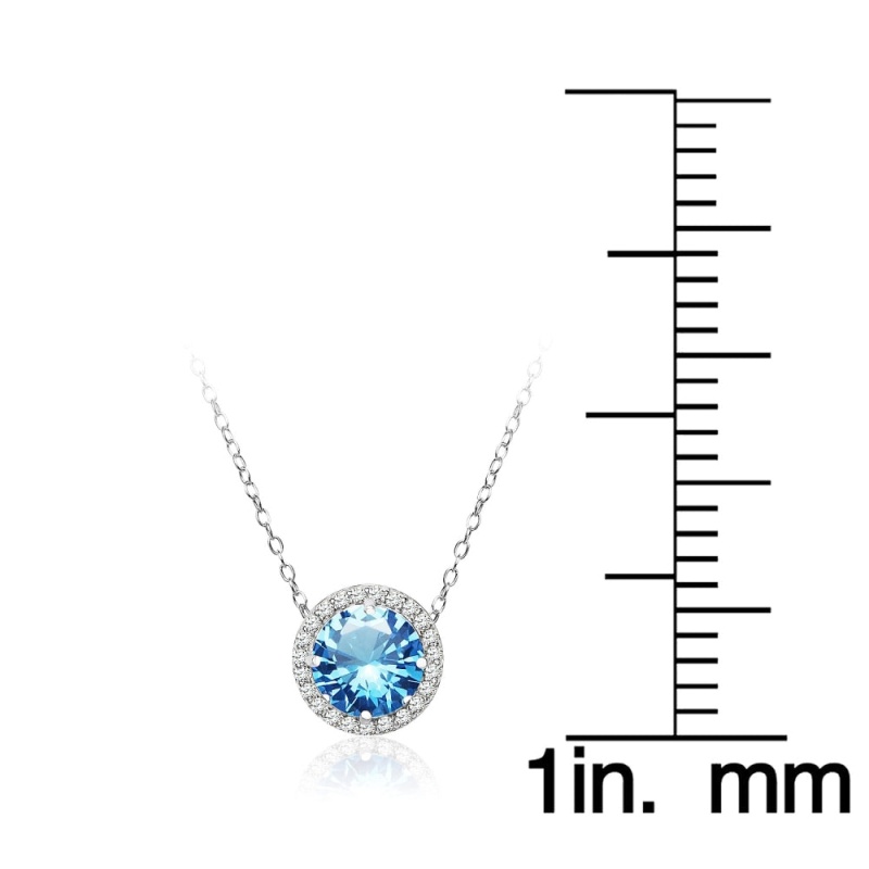 Sterling Silver Created Blue Topaz And Cubic Zirconia Round Halo Necklace