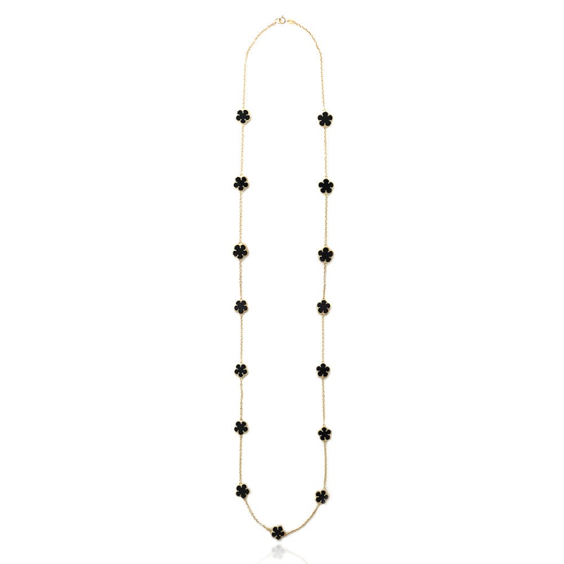 18K Gold Over Sterling Silver Onyx Clover Necklace, 36 Inch