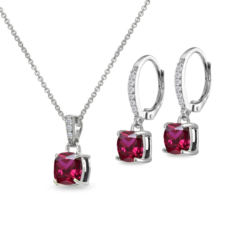 Sterling Silver Created Ruby Cushion-Cut Solitaire Dangle Leverback Earrings & Pendant Necklace Set