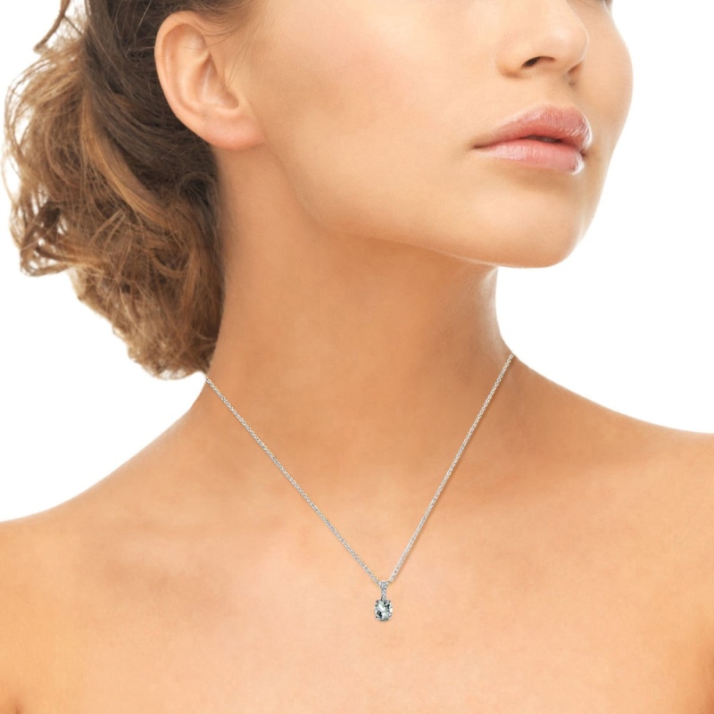 Sterling Silver Aquamarine And White Topaz Oval Crown Necklace