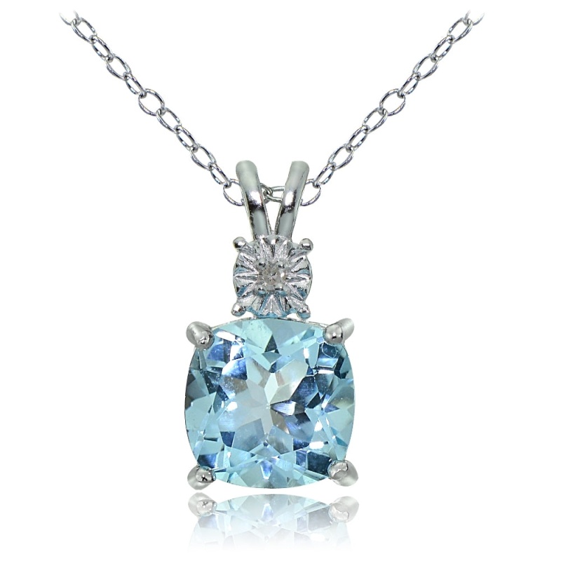 Sterling Silver Blue Topaz And Diamond Accent Cushion-Cut Necklace