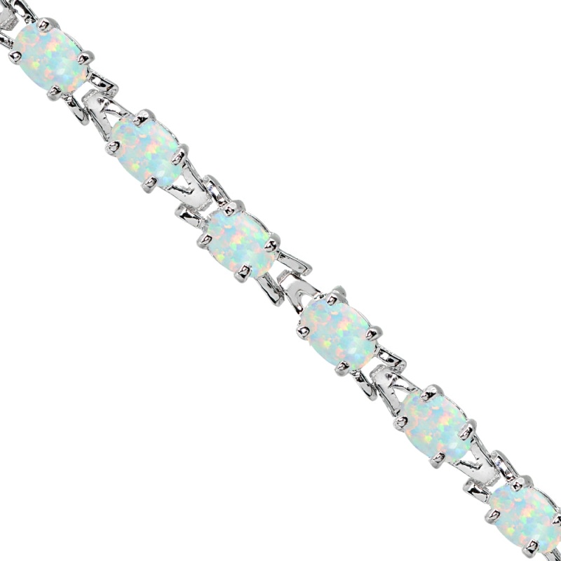 Sterling Silver Polished Created White Opal 6X4mm Oval-Cut Link Tennis Bracelet
