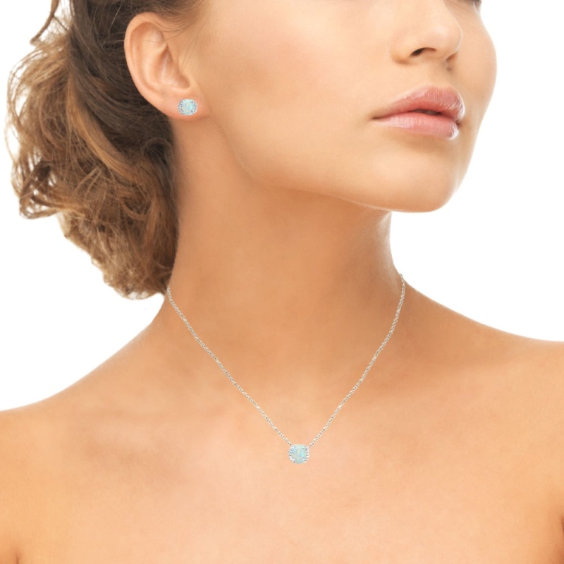 Sterling Silver Synthetic White Opal Oval-Cut Crown Stud Earrings & Necklace Set With Cz Accents