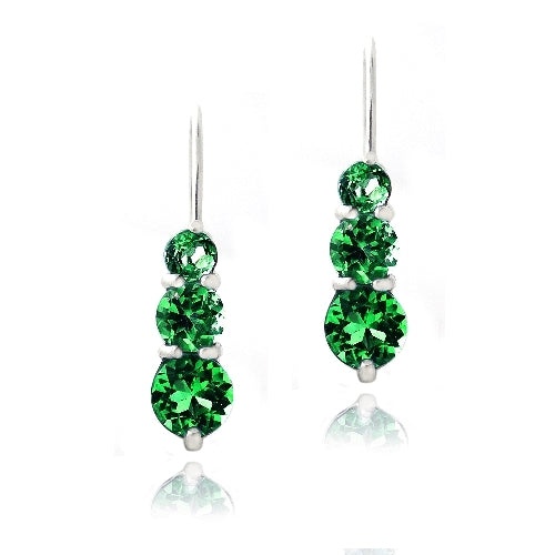 Sterling Silver 2Ct Created Emerald Three Stone Drop Earrings