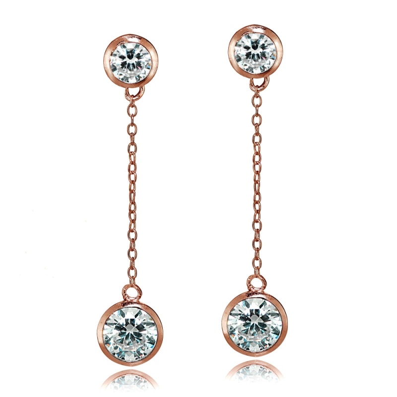 Rose Gold Tone Over Sterling Silver Cubic Zirconia Bezel-Set Dangling Earrings