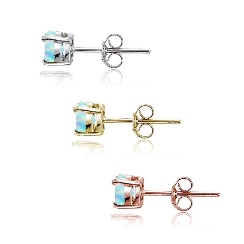 Sterling Silver, Gold Tone And Rose Gold Tone Created White Opal 4Mm Round Earrings Set Of 3
