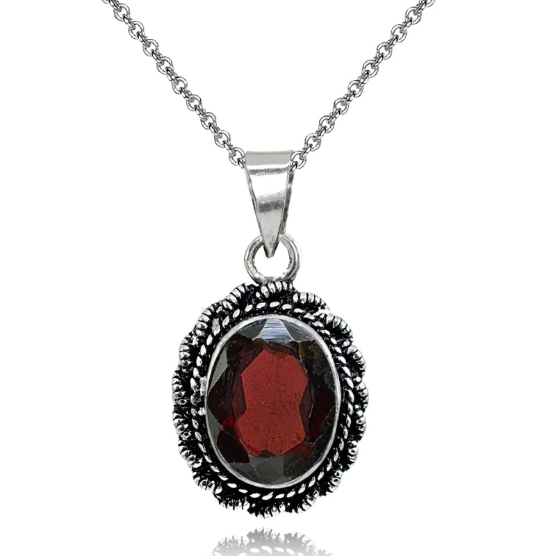 Sterling Silver Created Garnet Oval Bali Inspired Twist Rope Pendant Necklace