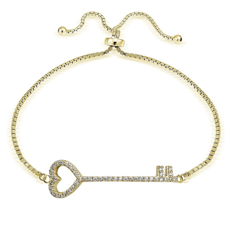Gold Tone Over Sterling Silver Cubic Zirconia Heart Key Adjustable Bracelet