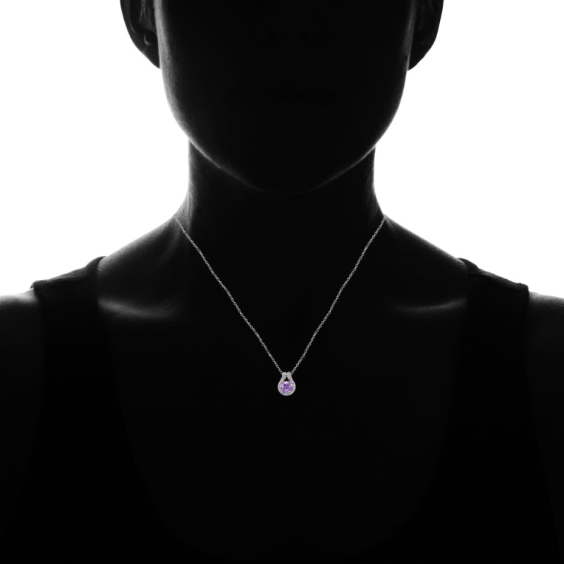Sterling Silver Created Amethyst Round Halo Necklace With Cz Accents