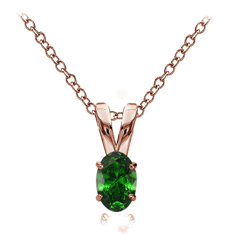 Rose Gold Flashed Sterling Silver Simulated Emerald 6X4mm Oval Solitaire Necklace