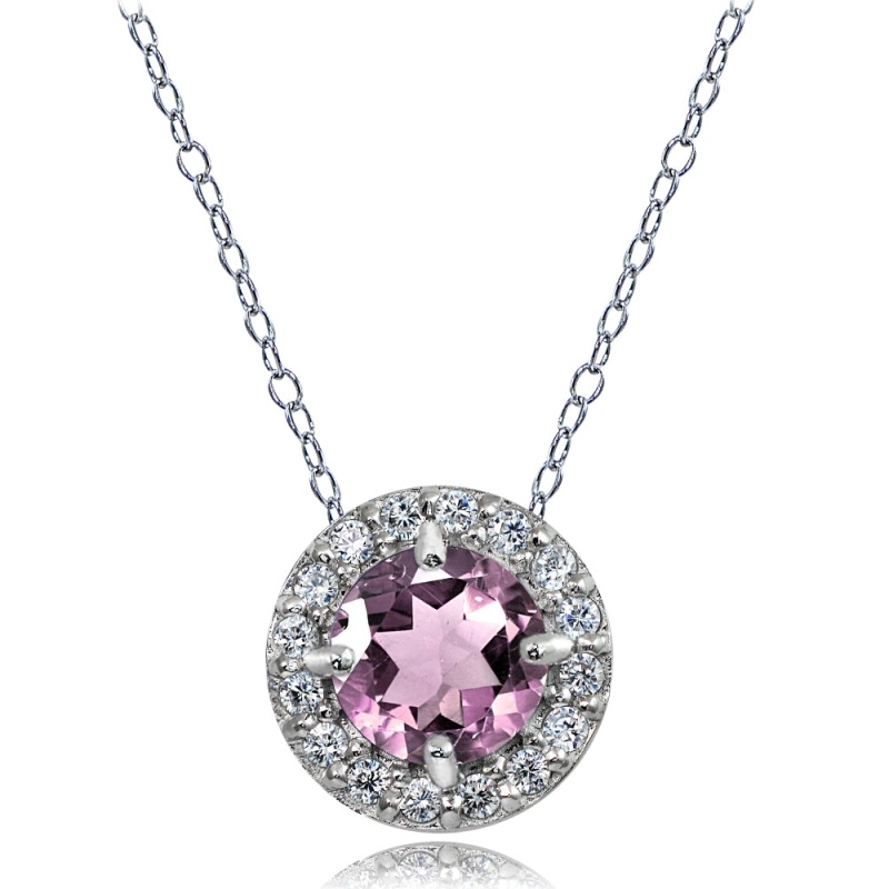 Sterling Silver Created Alexandrite And White Topaz Round Halo Necklace