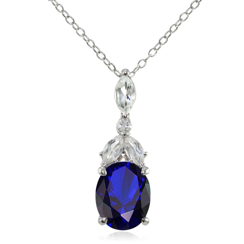Sterling Silver Created Blue Sapphire And White Topaz Oval Necklace