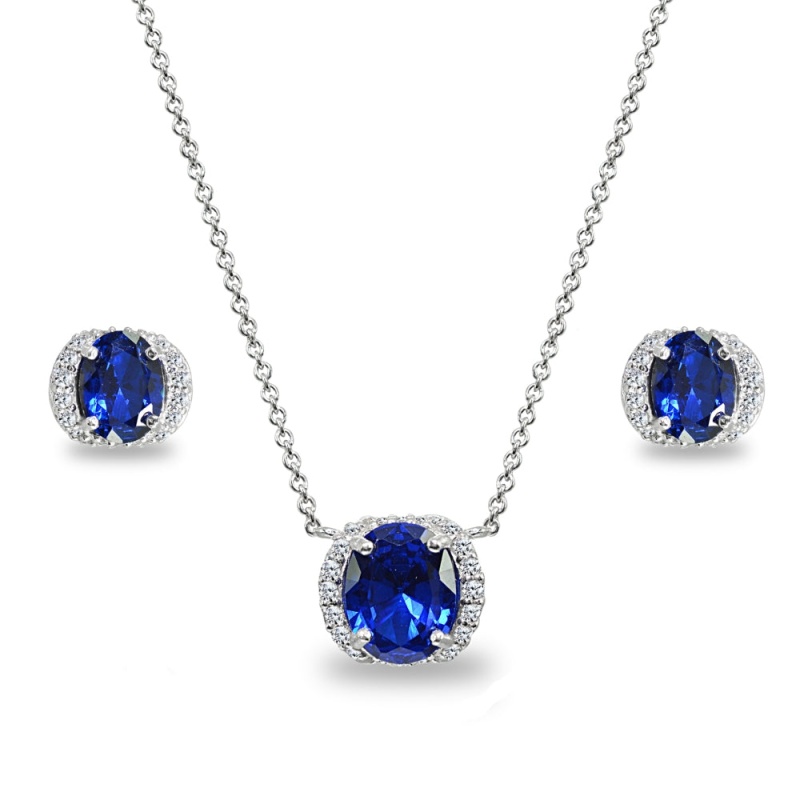 Sterling Silver Synthetic Blue Spinel Oval-Cut Crown Stud Earrings & Necklace Set With Cz Accents