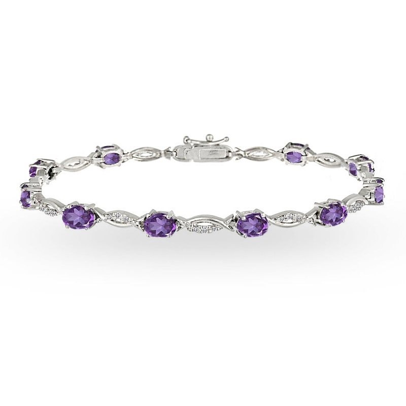 Sterling Silver African Amethyst And White Topaz Oval-Cut Swirl Tennis Bracelet