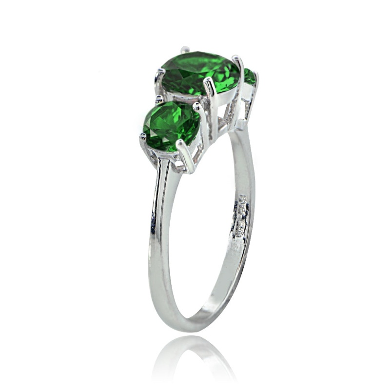 Sterling Silver Created Emerald Round-Cut Three Stone Ring - 6