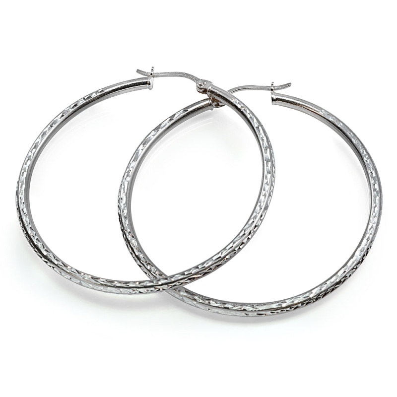 Sterling Silver 2Mm Diamond Cut Round Hoop Earrings, 45Mm