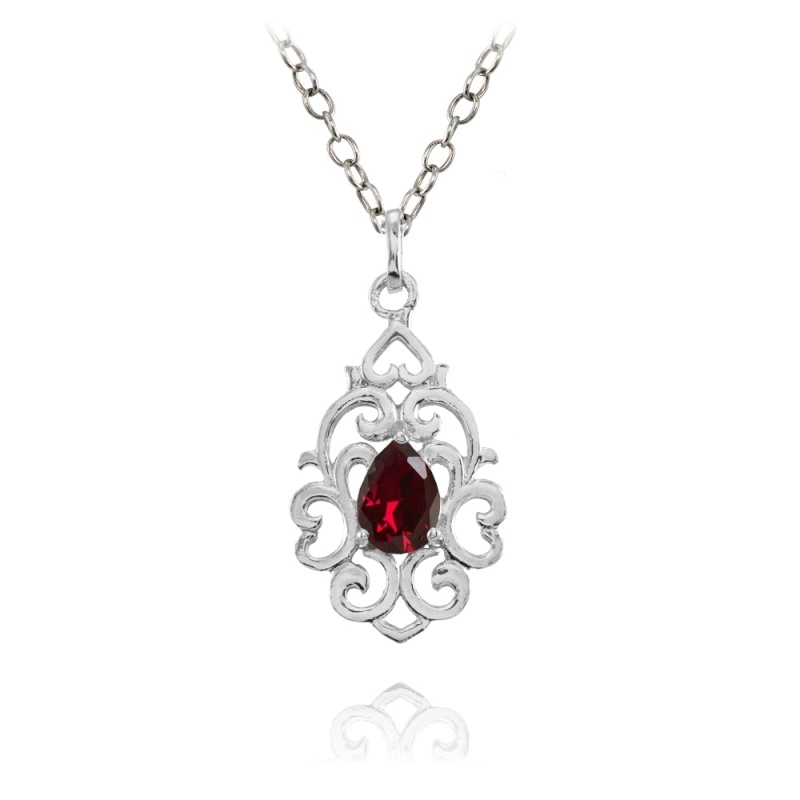 Sterling Silver Created Ruby Filigree Heart Teardrop Necklace