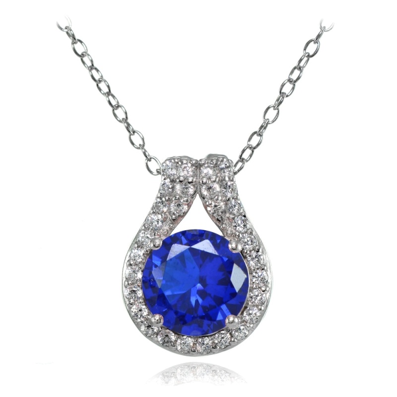 Sterling Silver Created Blue Sapphire Round Halo Necklace With Cz Accents