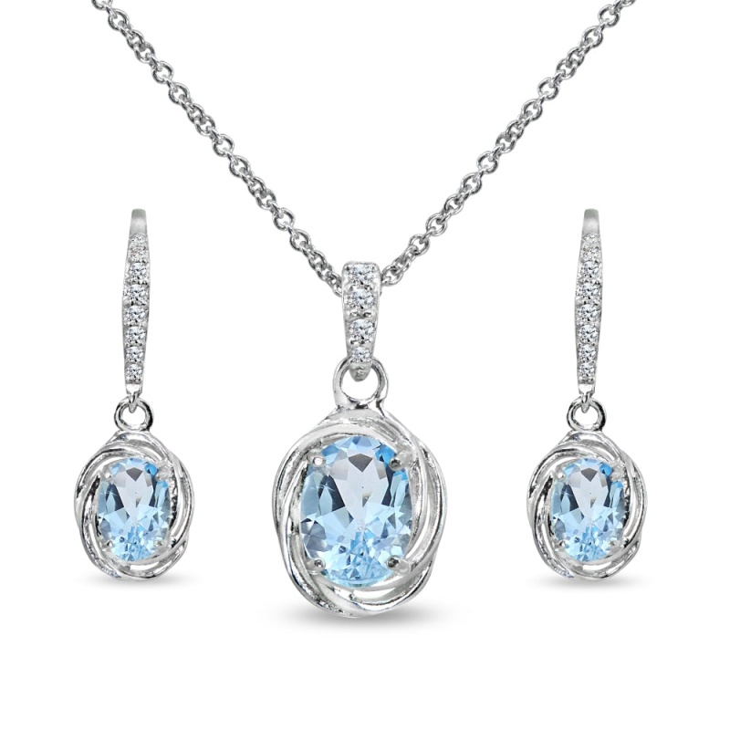 Sterling Silver Blue Topaz & Cubic Zirconia Oval Love Knot Leverback Earrings & Pendant Necklace Set