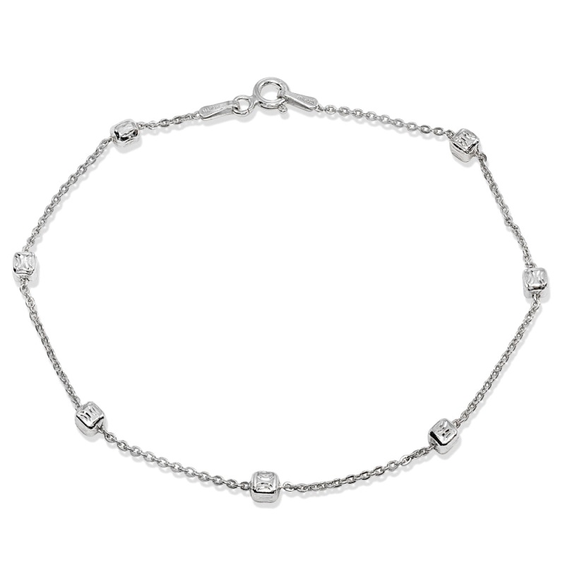 Sterling Silver Italian Polished Square Cube Bead Station Cable Chain Bracelet, 7.5 Inch