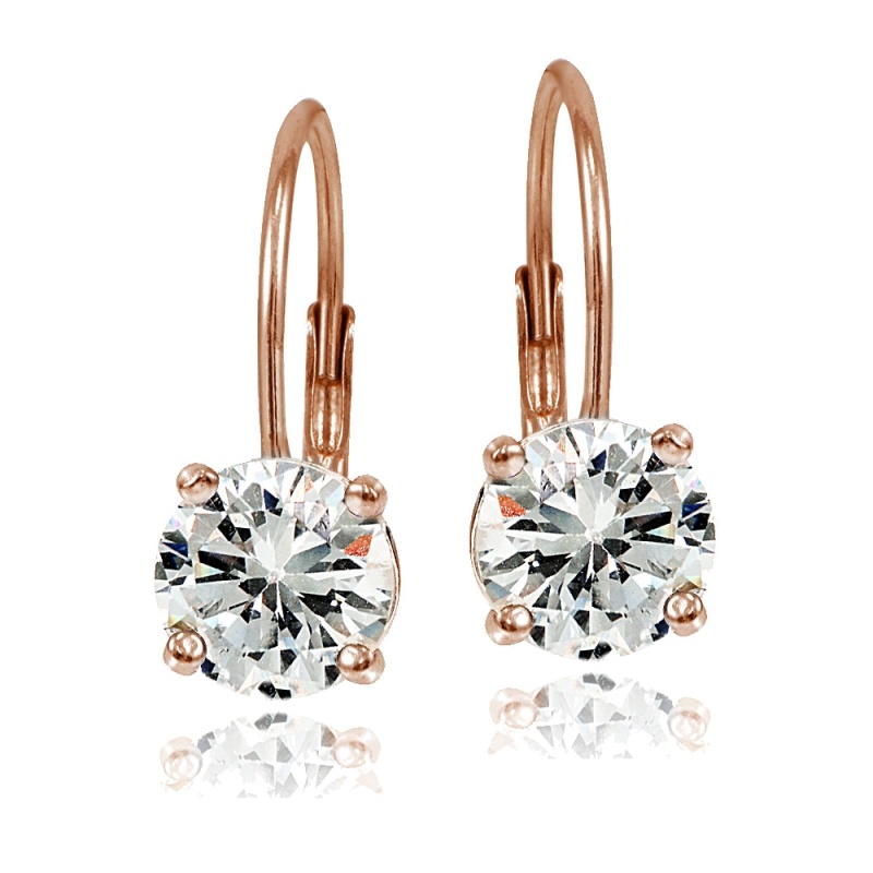 Rose Gold Over Sterling Silver 7Mm Round Cubic Zicronia Leverback Earrings