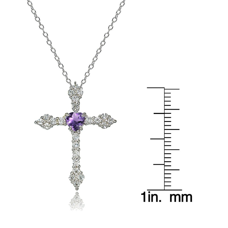 Sterling Silver Amethyst Heart & White Topaz Orthodox Cross Necklace