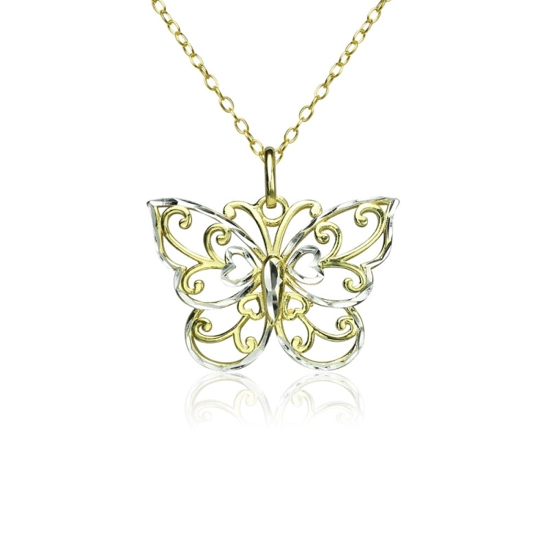 Yellow Gold Flashed Sterling Silver Two-Tone Diamond-Cut Filigree Butterfly Pendant Necklace