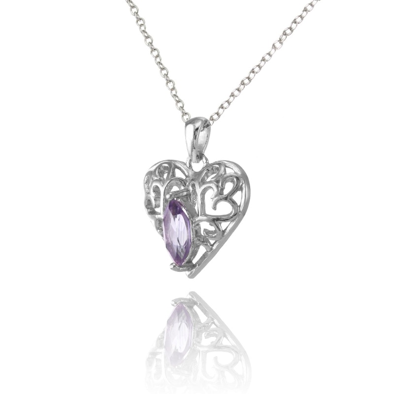Sterling Silver Amethyst Marquise Filigree Heart Necklace