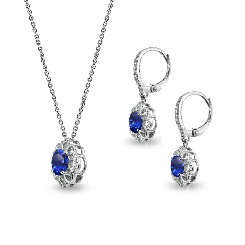 Sterling Silver Created Blue Sapphire 6Mm Round-Cut Flower Dainty Slide Necklace & Leverback Earrings Set